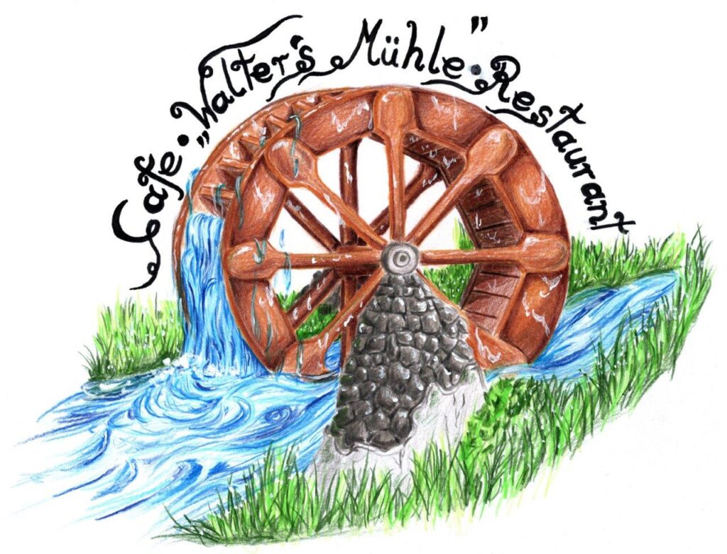 Logo des Café Walters Mühle: Handgezeichnete Illustration einer Wassermühle mit fließendem Bach und grüner Umgebung.