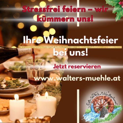 Festlich gedeckter Tisch für eine Weihnachtsfeier bei Walters Mühle mit Wein und Kerzenlicht, ideal für stressfreie Feierlichkeiten.